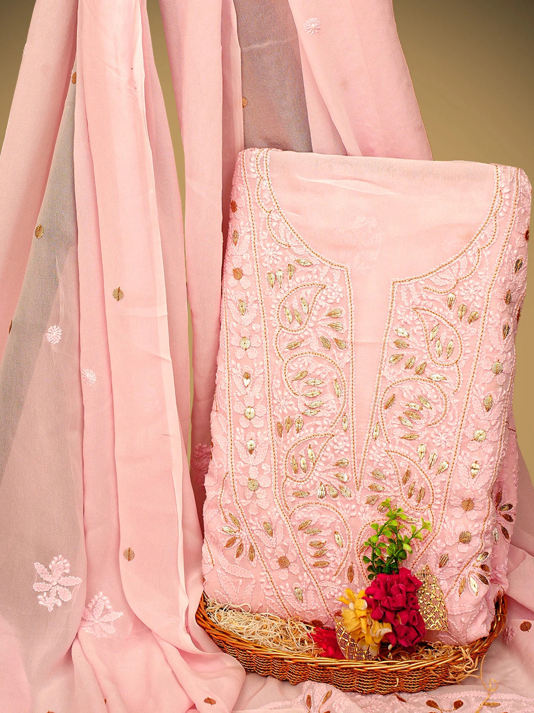 Ada Hand Embroidered Pink Viscose Georgette Lucknowi Chikankari Unstitched Kurta Dupatta Set With Gota Patti Work 01A962628