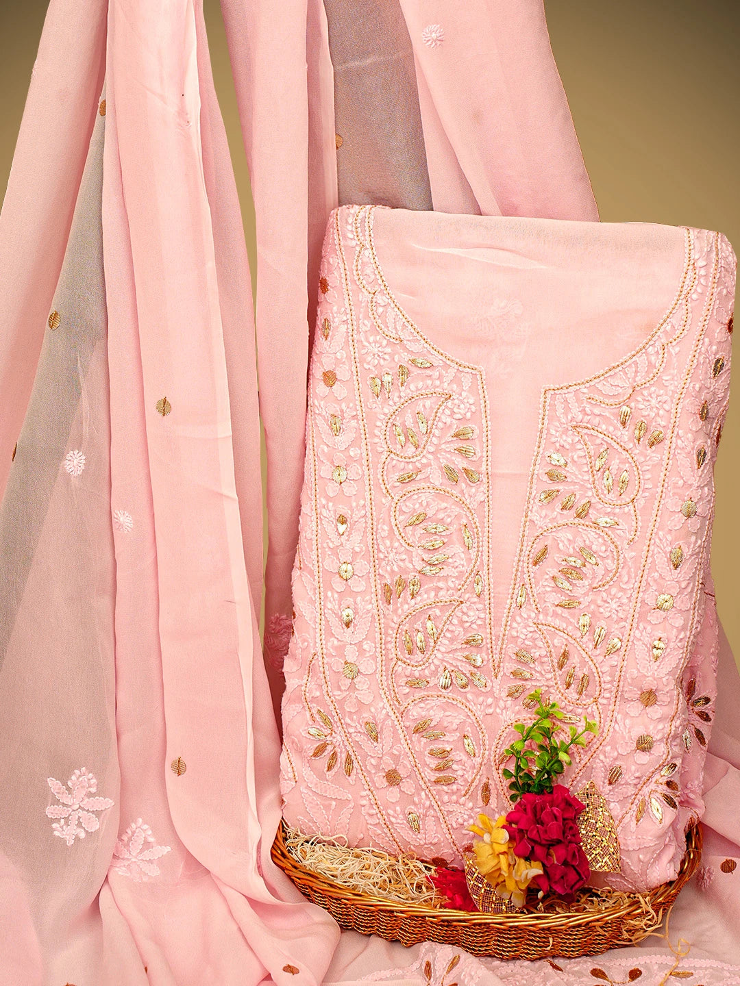 Ada Hand Embroidered Pink Viscose Georgette Lucknowi Chikankari Unstitched Kurta Dupatta Set With Gota Patti Work 01A962628