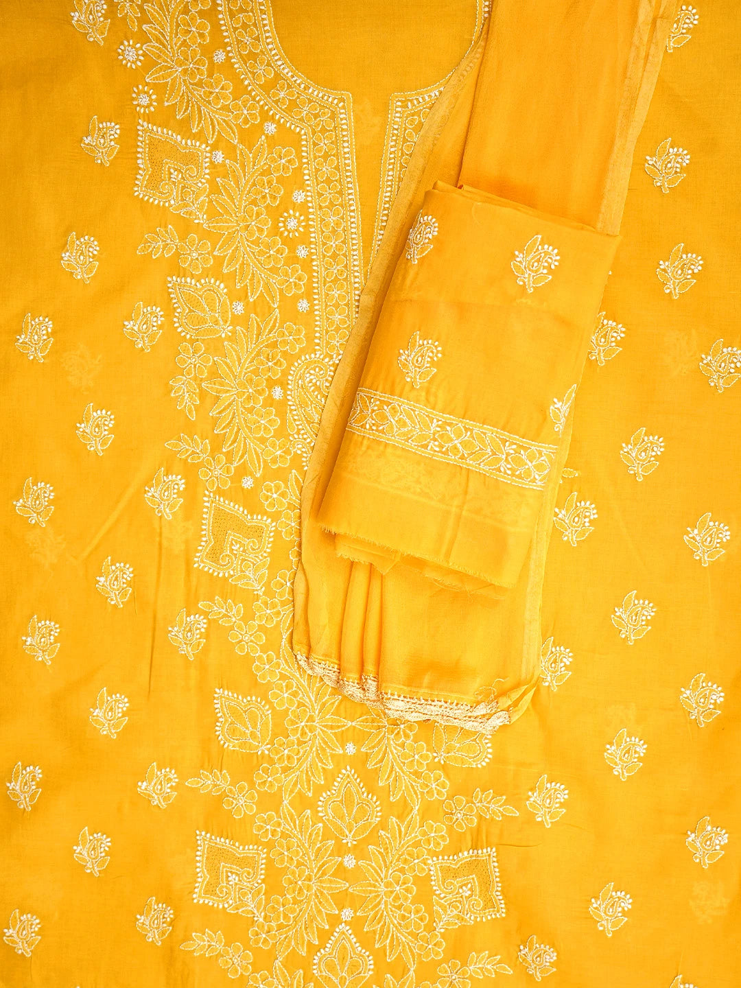 Ada Hand Embroidered Yellow Cotton Lucknowi Chikankari Unstitched Suit Piece 01A966769