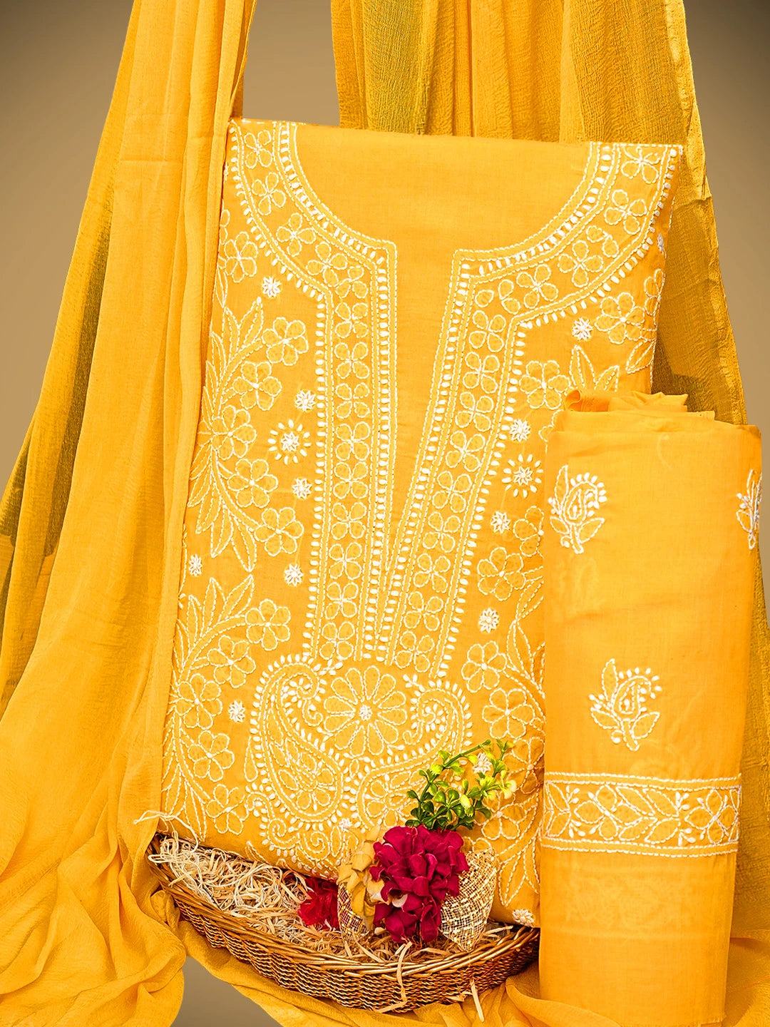 Ada Hand Embroidered Yellow Cotton Lucknowi Chikankari Unstitched Suit Piece 01A966769