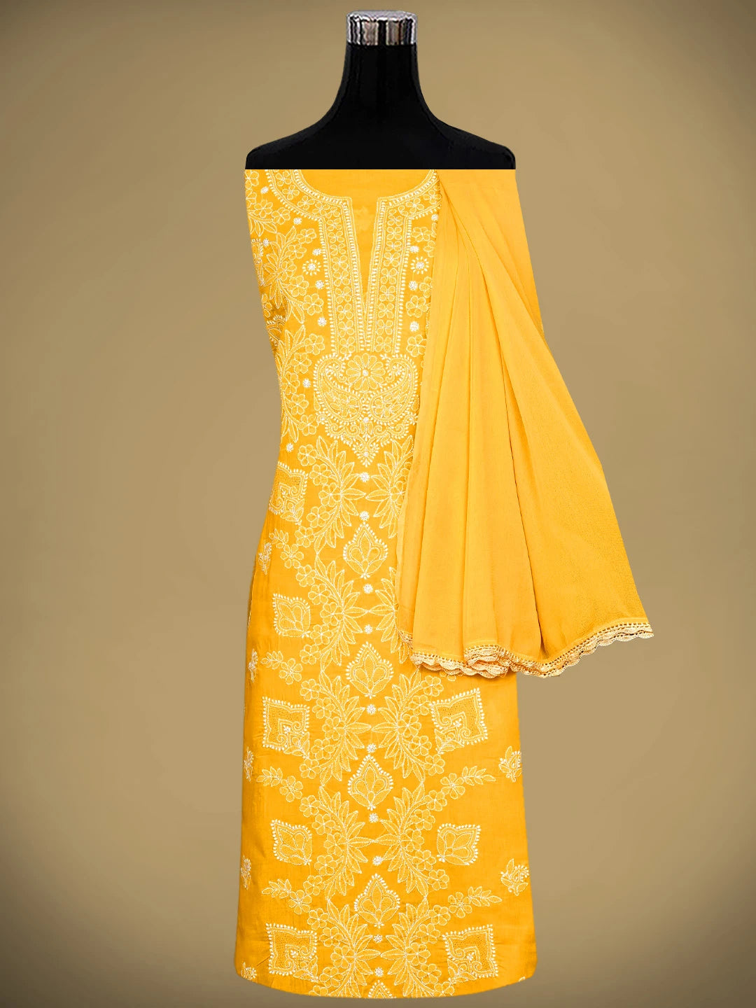 Ada Hand Embroidered Yellow Cotton Lucknowi Chikankari Unstitched Suit Piece 01A966769