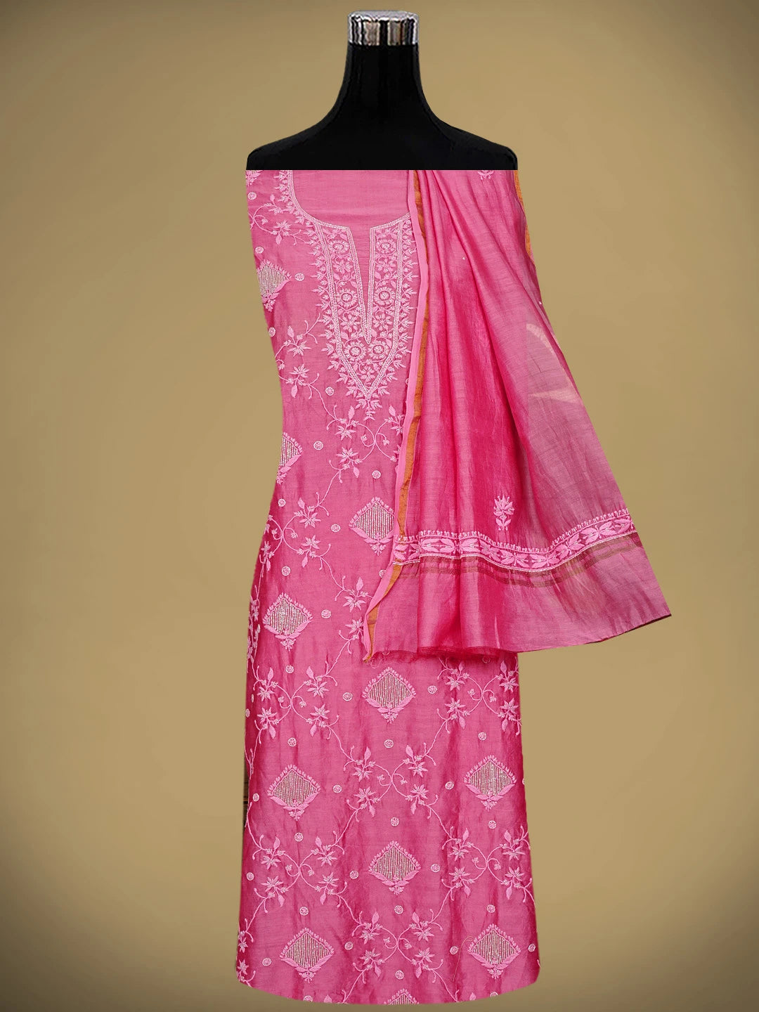 Ada Hand Embroidered Cranberry Pink Chanderi Lucknowi Chikankari Unstitched Kurta Dupatta Set With Cutdana Work 01A825282