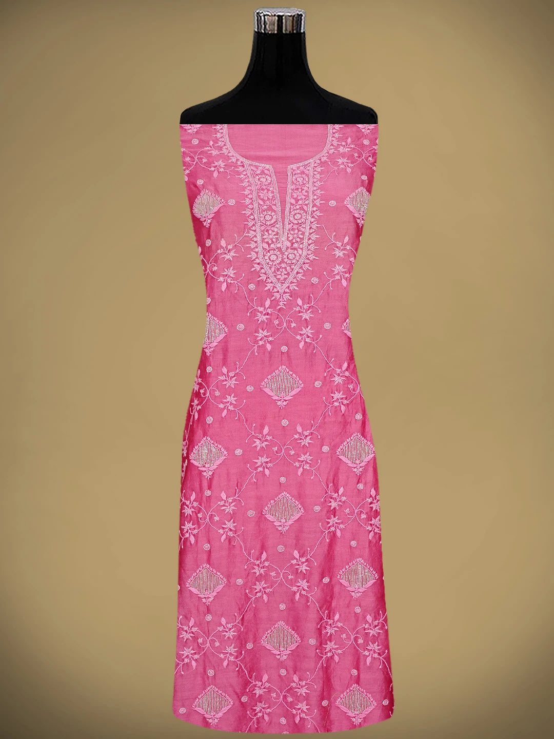 Ada Hand Embroidered Cranberry Pink Chanderi Lucknowi Chikankari Unstitched Kurta Dupatta Set With Cutdana Work 01A825282