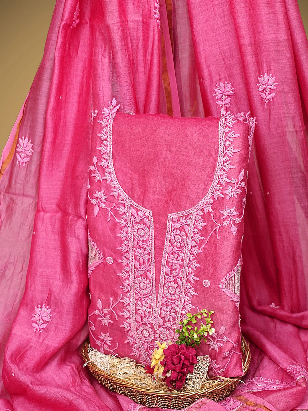 Ada Hand Embroidered Cranberry Pink Chanderi Lucknowi Chikankari Unstitched Kurta Dupatta Set With Cutdana Work 01A825282