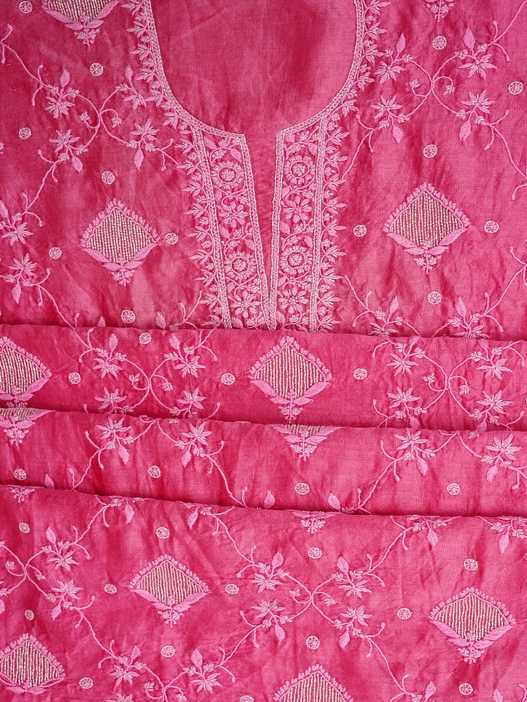 Ada Hand Embroidered Cranberry Pink Chanderi Lucknowi Chikankari Unstitched Kurta Dupatta Set With Cutdana Work 01A825282