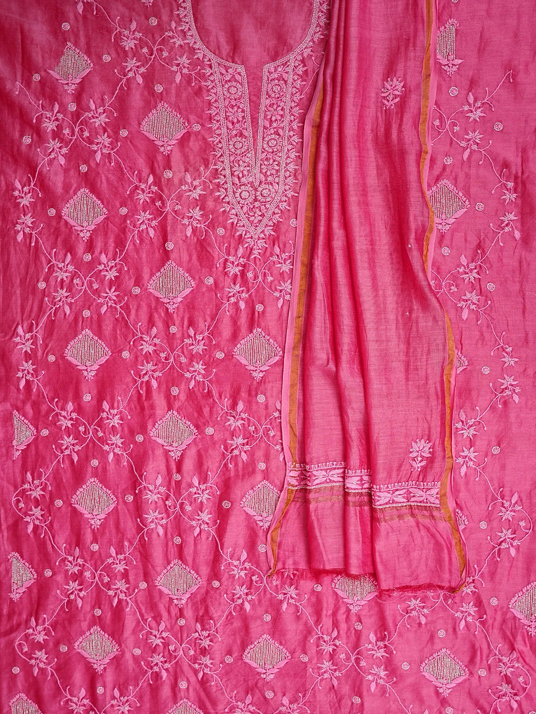 Ada Hand Embroidered Cranberry Pink Chanderi Lucknowi Chikankari Unstitched Kurta Dupatta Set With Cutdana Work 01A825282