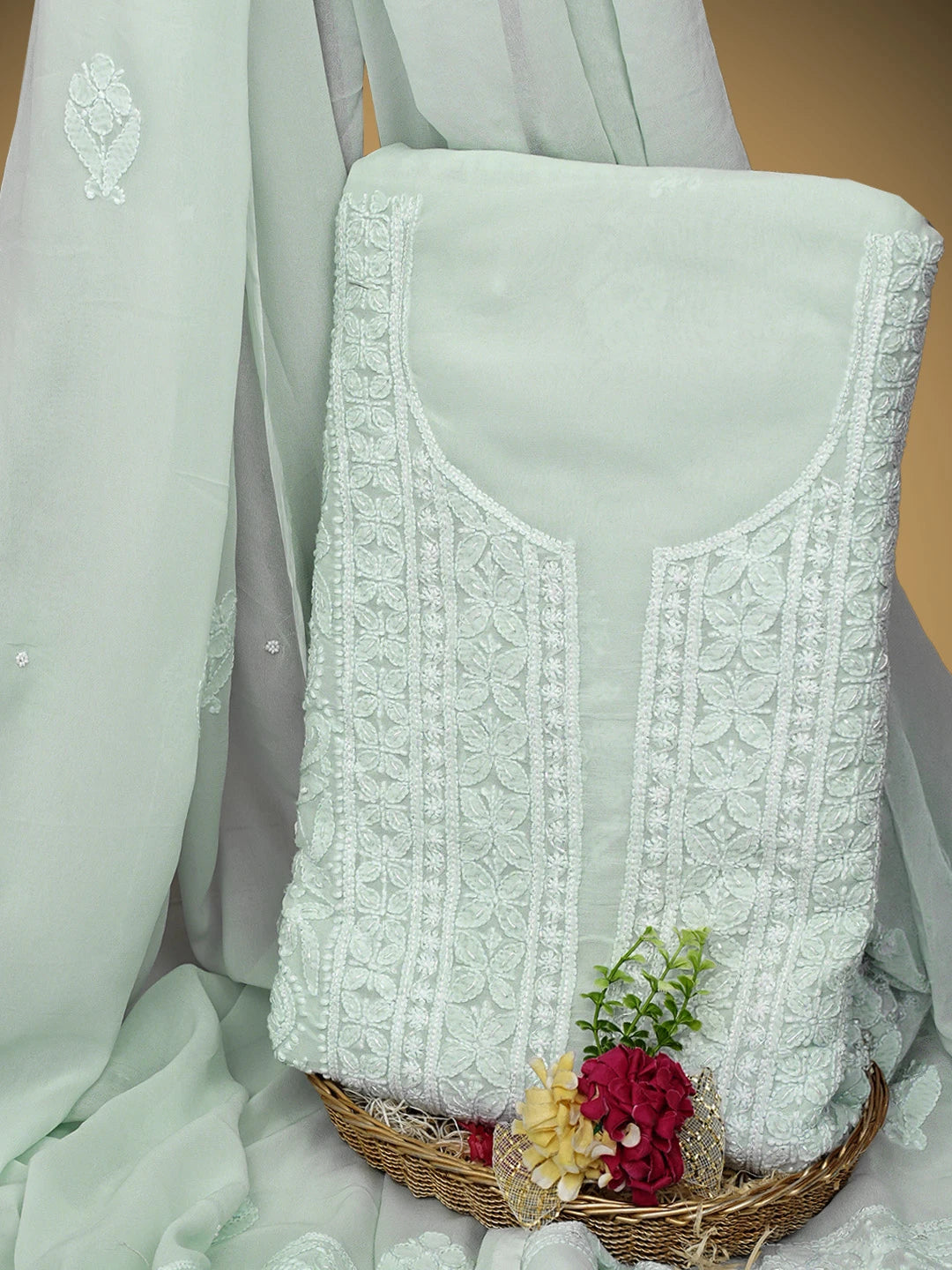 Ada Hand Embroidered Grey Viscose Georgette Lucknowi Chikankari Unstitched Kurta Dupatta Set With Cutdana Work 01A962567
