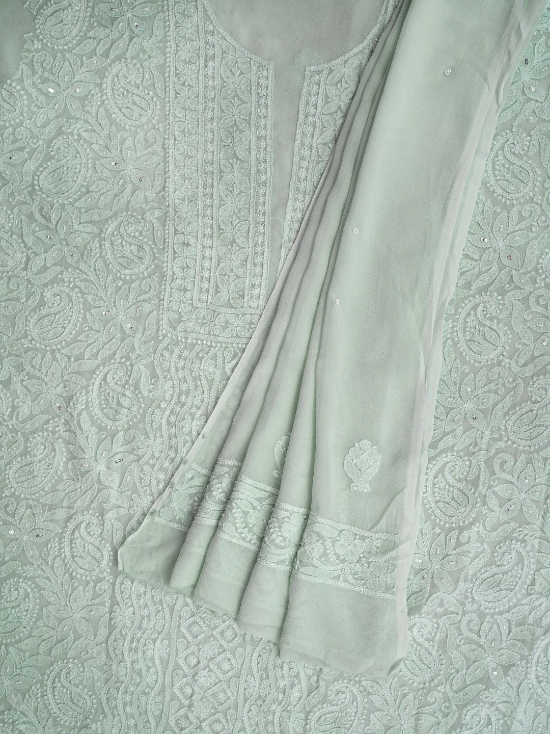 Ada Hand Embroidered Grey Viscose Georgette Lucknowi Chikankari Unstitched Kurta Dupatta Set With Cutdana Work 01A962567