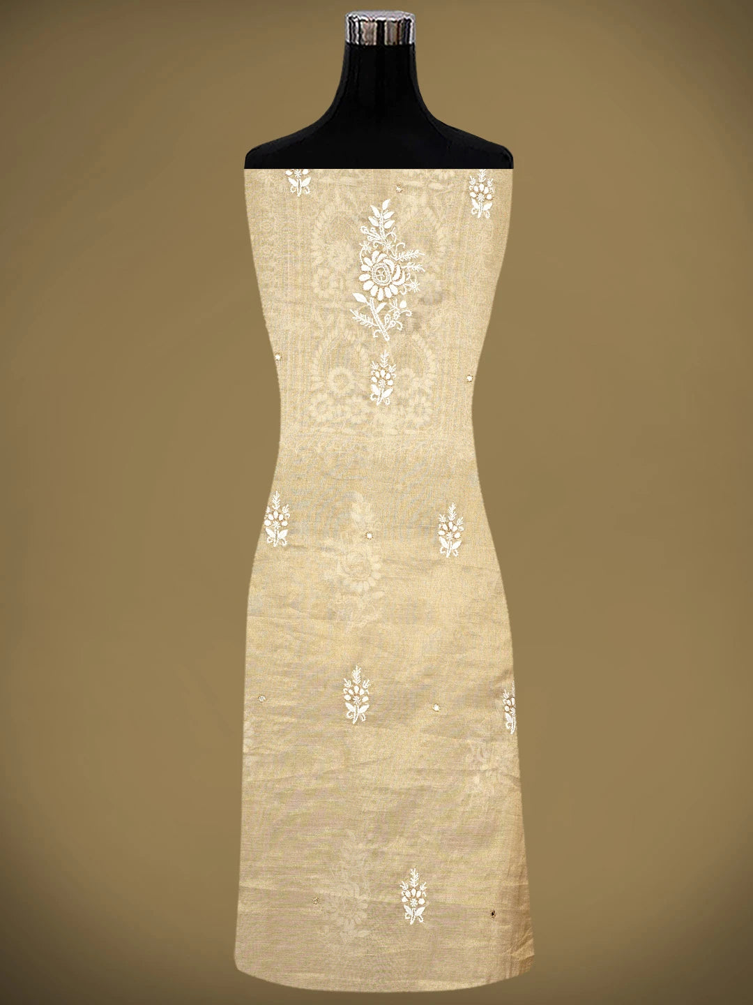 Ada Hand Embroidered Fawn Tissue Lucknowi Chikankari Unstitched Kurta Dupatta Set With Cutdana Work 01A977616