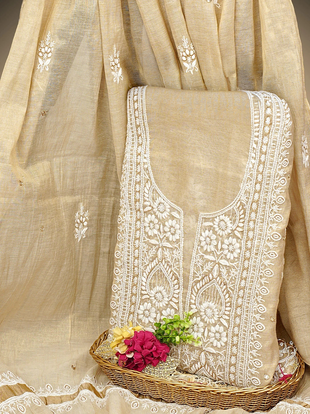 Ada Hand Embroidered Fawn Tissue Lucknowi Chikankari Unstitched Kurta Dupatta Set With Cutdana Work 01A977616