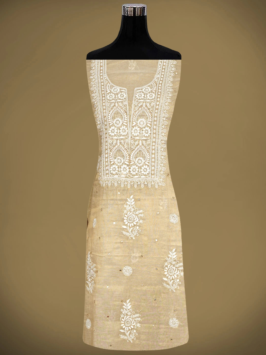 Ada Hand Embroidered Fawn Tissue Lucknowi Chikankari Unstitched Kurta Dupatta Set With Cutdana Work 01A977616