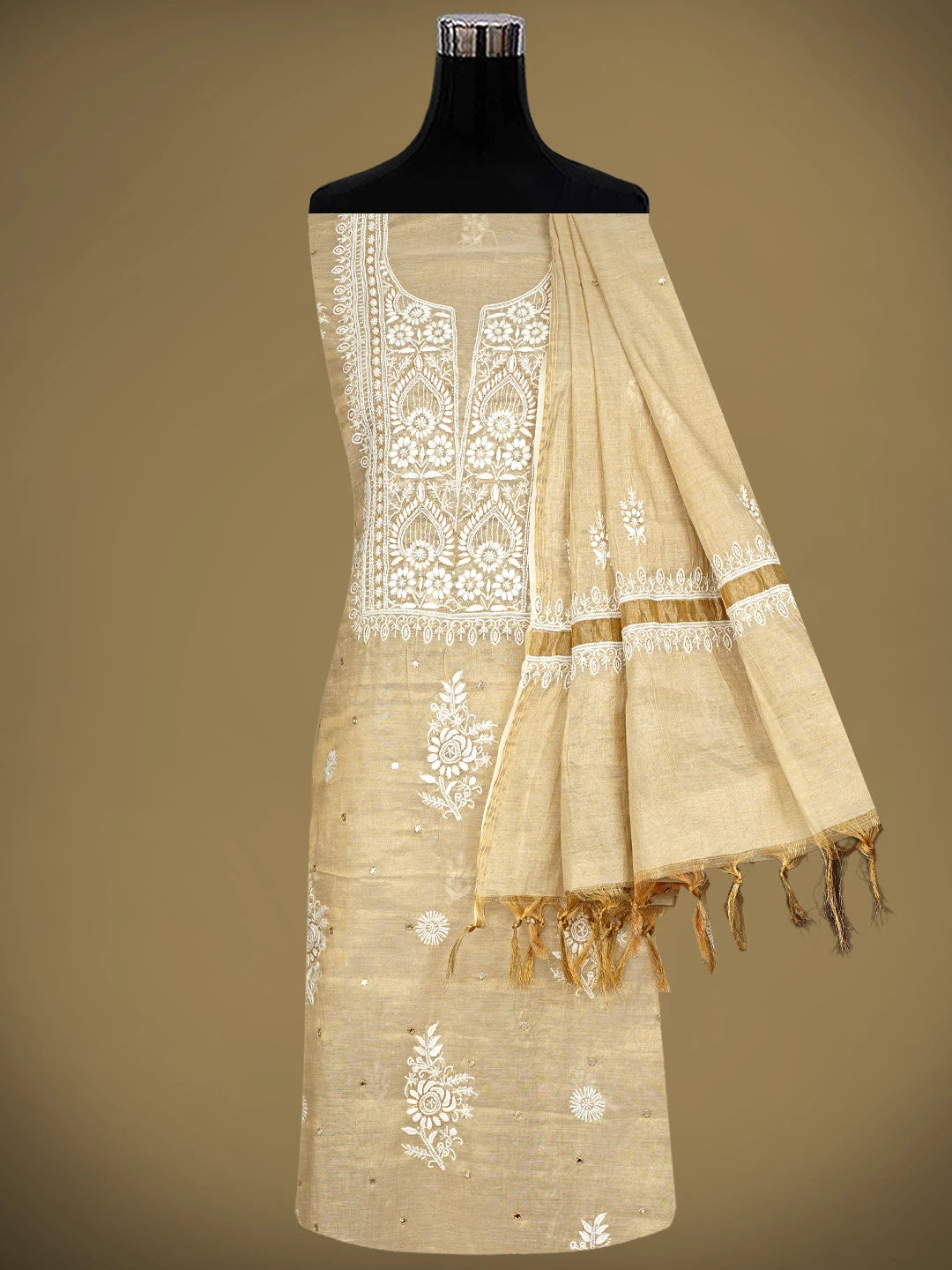 Ada Hand Embroidered Fawn Tissue Lucknowi Chikankari Unstitched Kurta Dupatta Set With Cutdana Work 01A977616