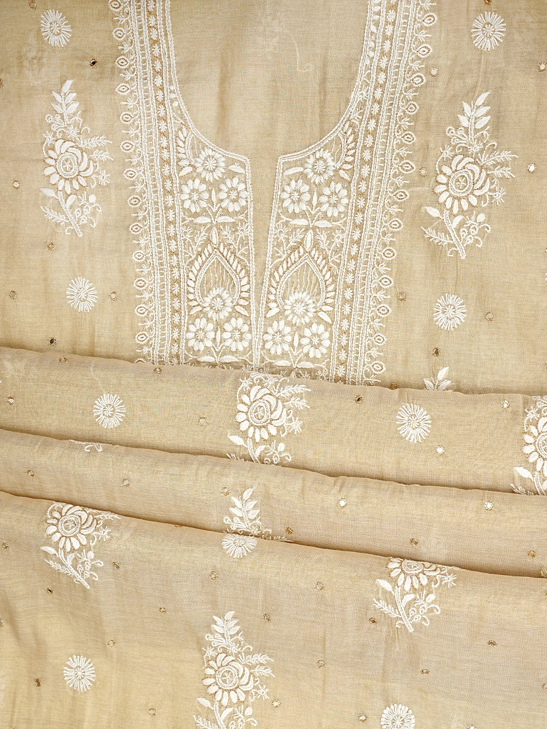 Ada Hand Embroidered Fawn Tissue Lucknowi Chikankari Unstitched Kurta Dupatta Set With Cutdana Work 01A977616