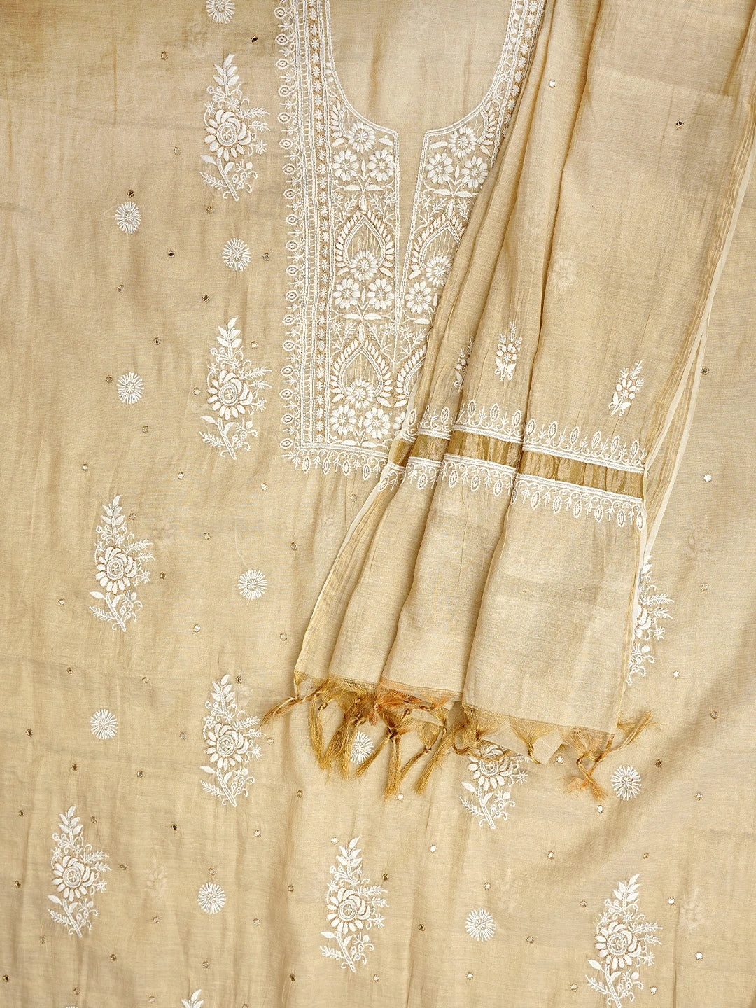 Ada Hand Embroidered Fawn Tissue Lucknowi Chikankari Unstitched Kurta Dupatta Set With Cutdana Work 01A977616