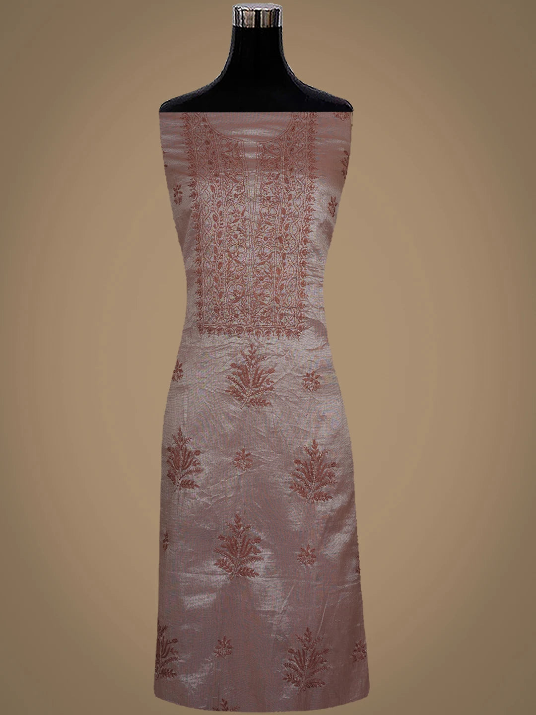 Ada Hand Embroidered Brown Tissue Lucknowi Chikankari Unstitched Kurta Dupatta Set 01A948061