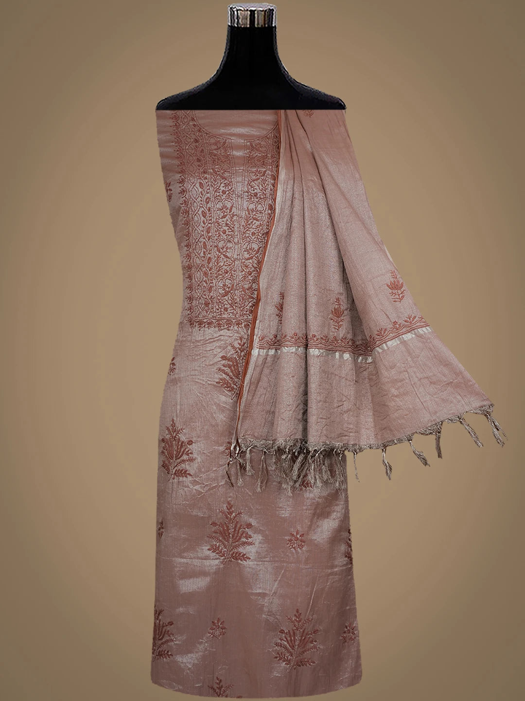 Ada Hand Embroidered Brown Tissue Lucknowi Chikankari Unstitched Kurta Dupatta Set 01A948061