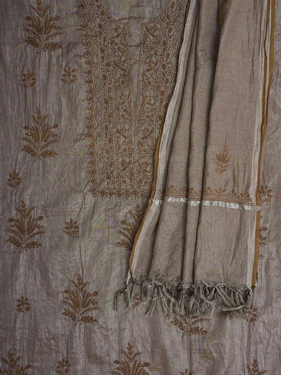 Ada Hand Embroidered Brown Tissue Lucknowi Chikankari Unstitched Kurta Dupatta Set 01A948061