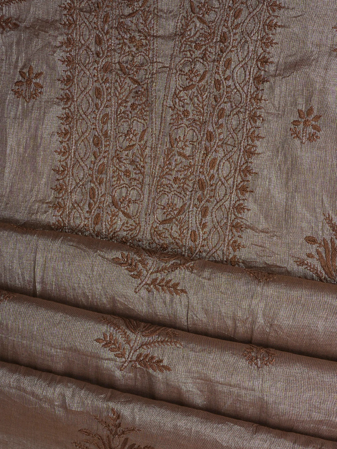 Ada Hand Embroidered Brown Tissue Lucknowi Chikankari Unstitched Kurta Dupatta Set 01A948061