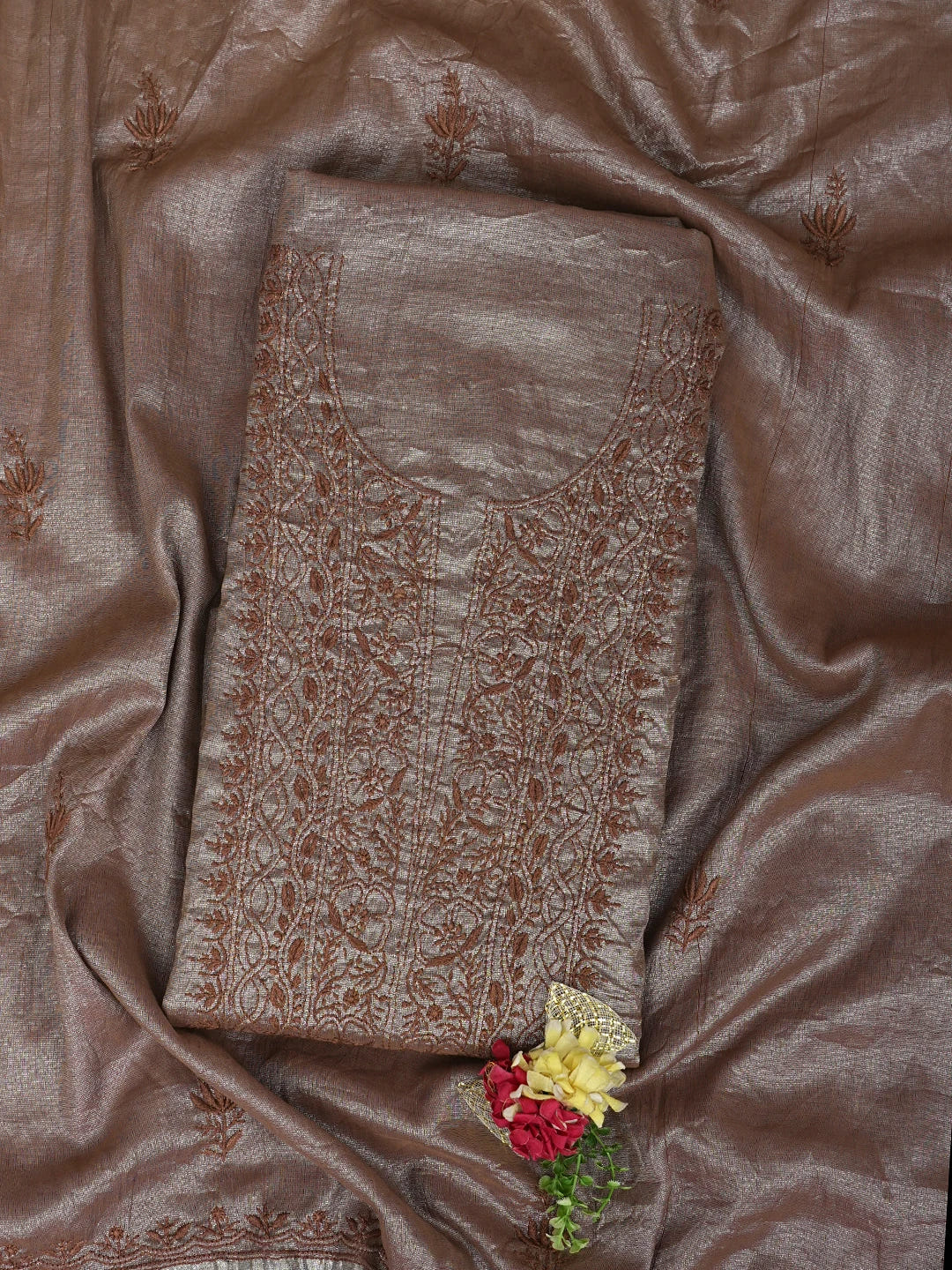 Ada Hand Embroidered Brown Tissue Lucknowi Chikankari Unstitched Kurta Dupatta Set 01A948061