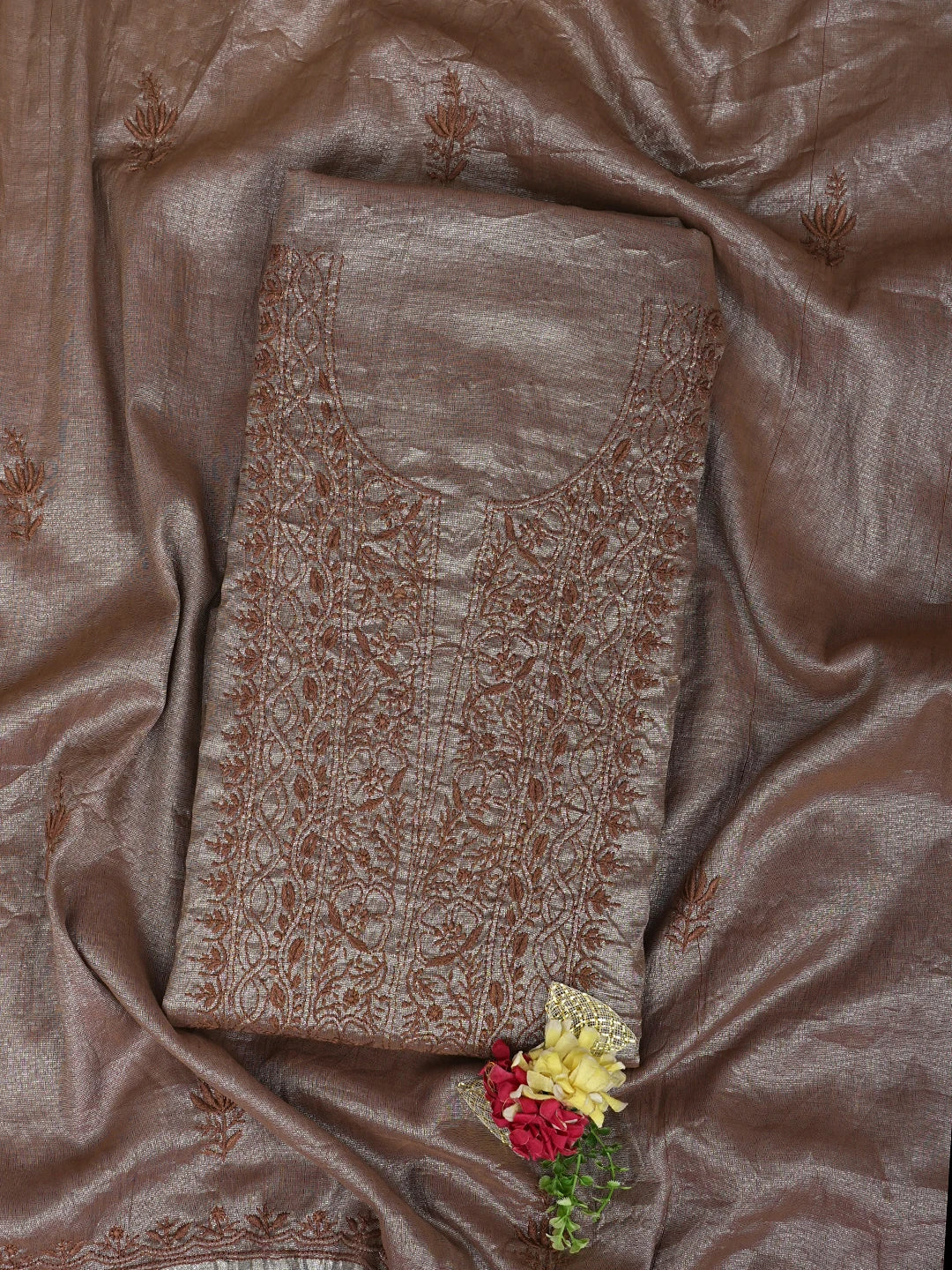 Ada Hand Embroidered Brown Tissue Lucknowi Chikankari Unstitched Kurta Dupatta Set 01A948061