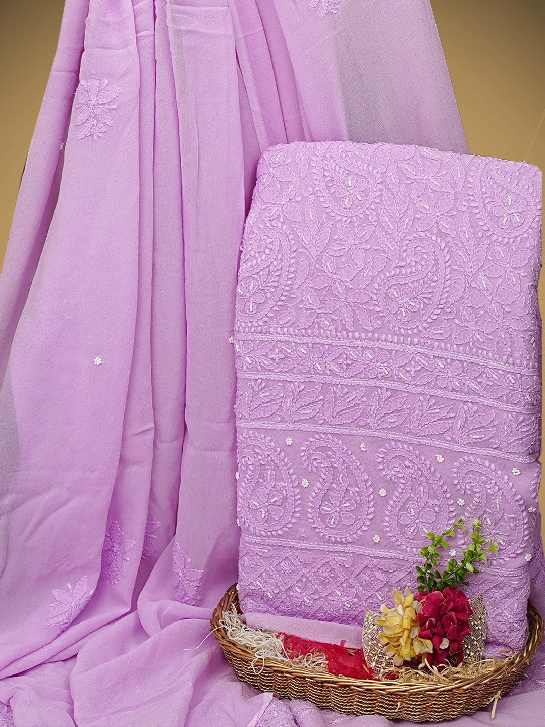 Ada Hand Embroidered Lavender Viscose Georgette Lucknowi Chikankari Unstitched Kurta Dupatta Set With Cutdana Work 01A962577