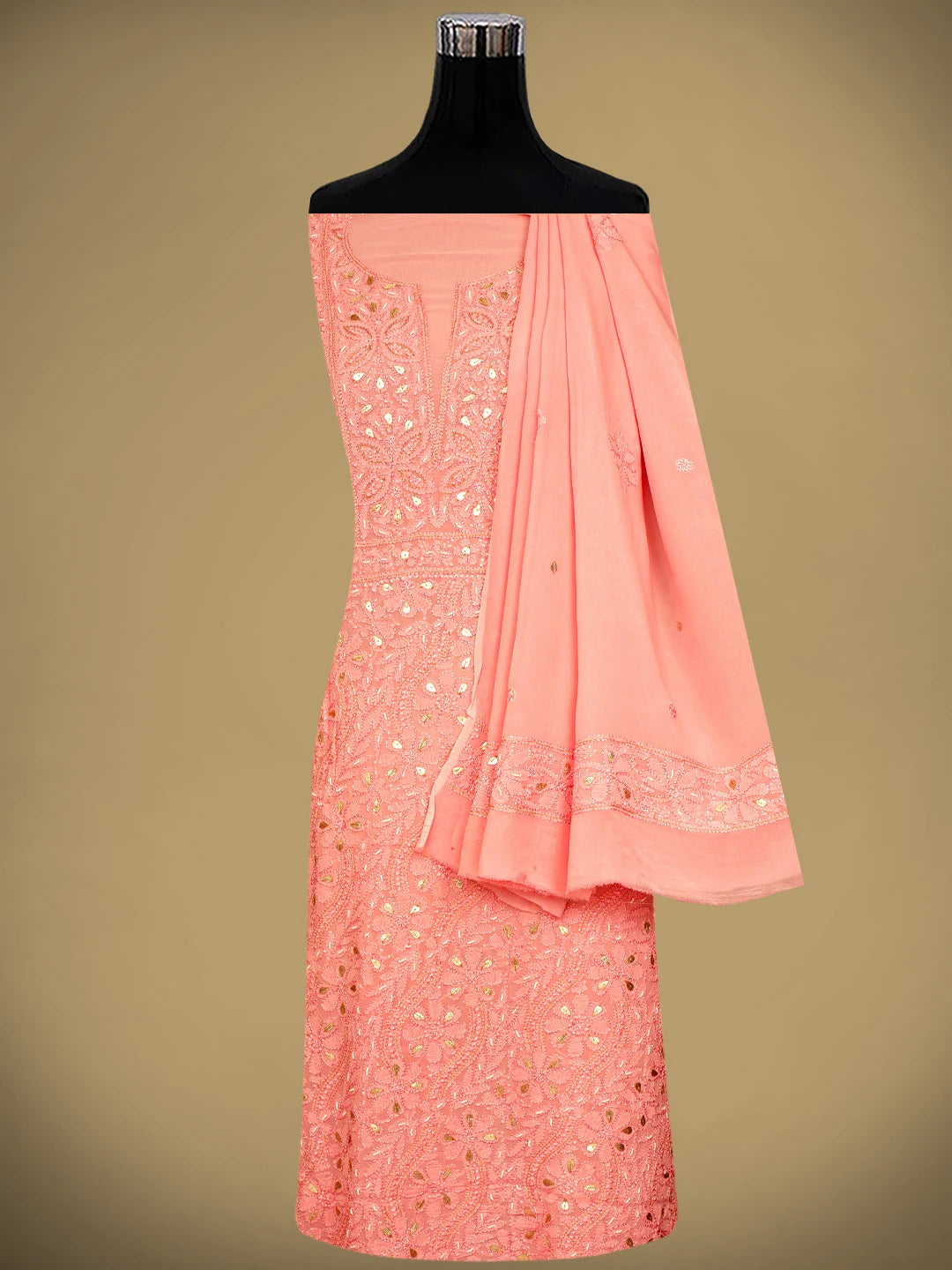Ada Hand Embroidered Pink Viscose Georgette Lucknowi Chikankari Unstitched Kurta Dupatta Set With Gota Patti Work 01A962475