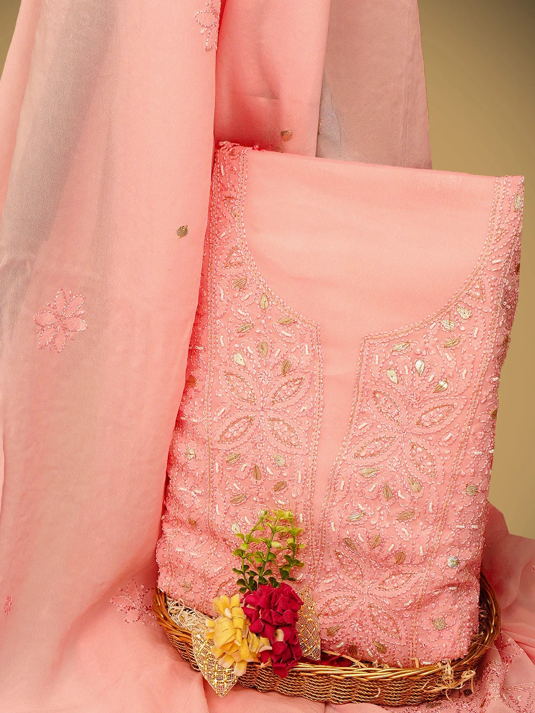 Ada Hand Embroidered Pink Viscose Georgette Lucknowi Chikankari Unstitched Kurta Dupatta Set With Gota Patti Work 01A962475