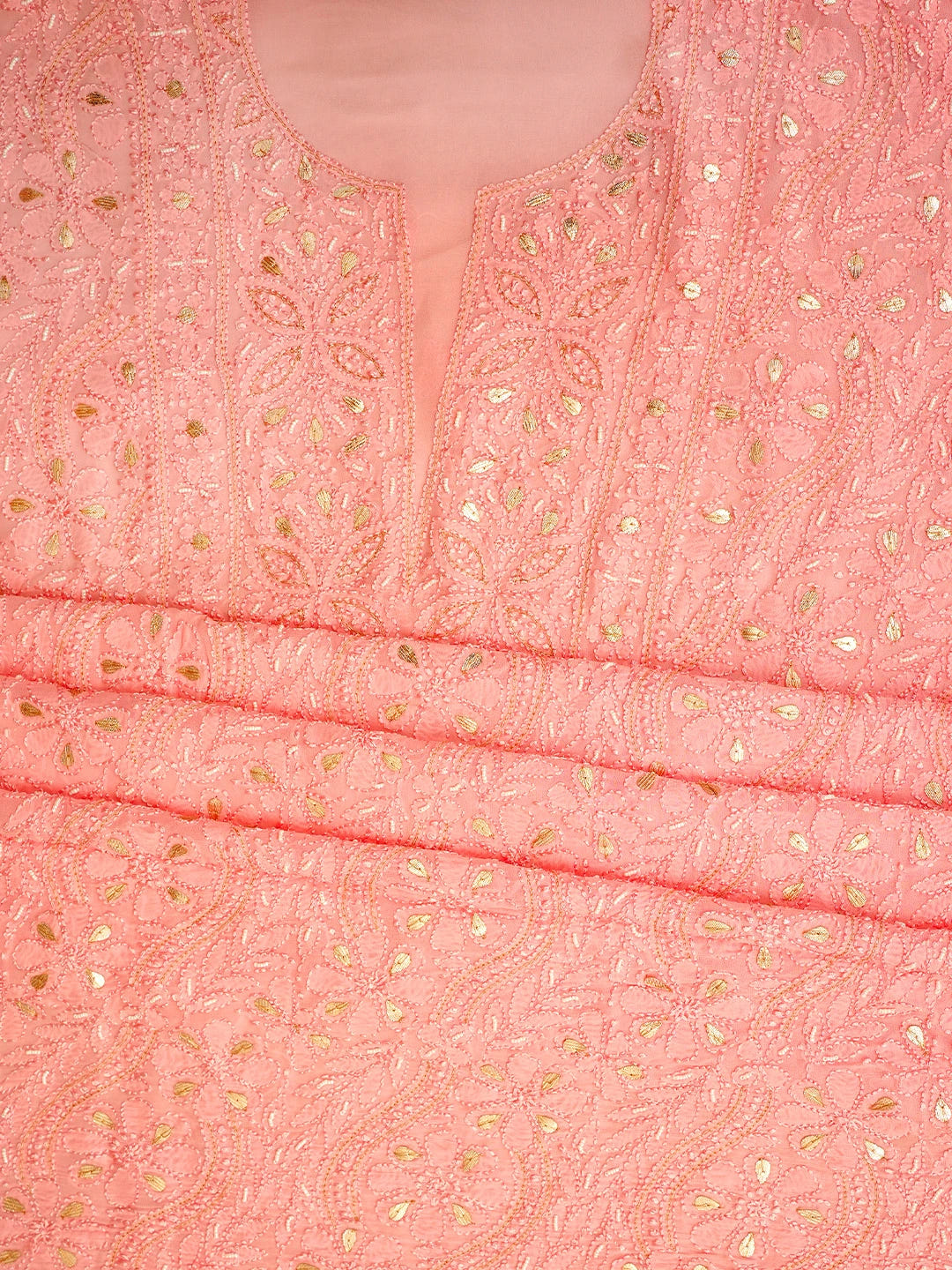 Ada Hand Embroidered Pink Viscose Georgette Lucknowi Chikankari Unstitched Kurta Dupatta Set With Gota Patti Work 01A962475
