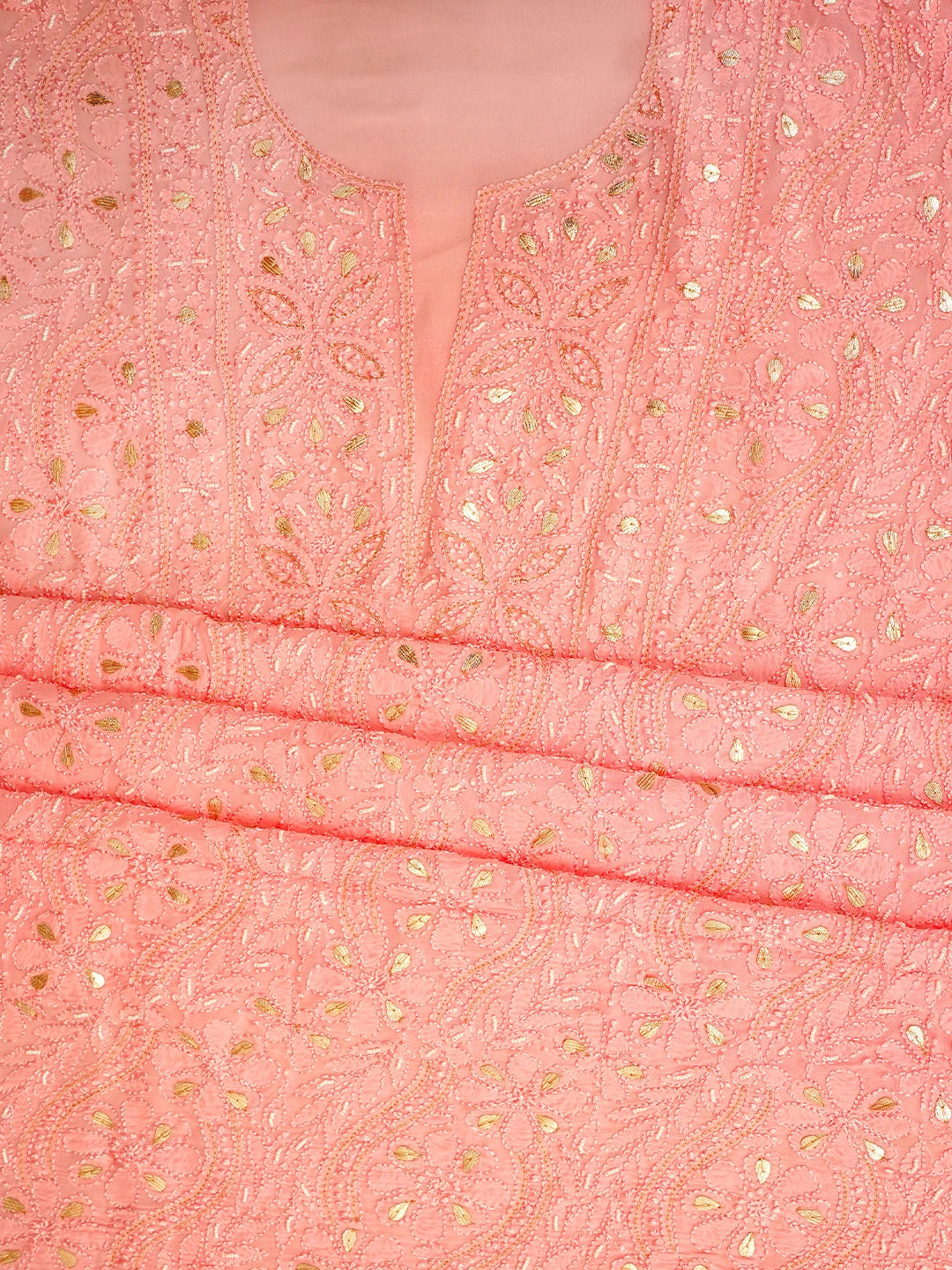 Ada Hand Embroidered Pink Viscose Georgette Lucknowi Chikankari Unstitched Kurta Dupatta Set With Gota Patti Work 01A962475