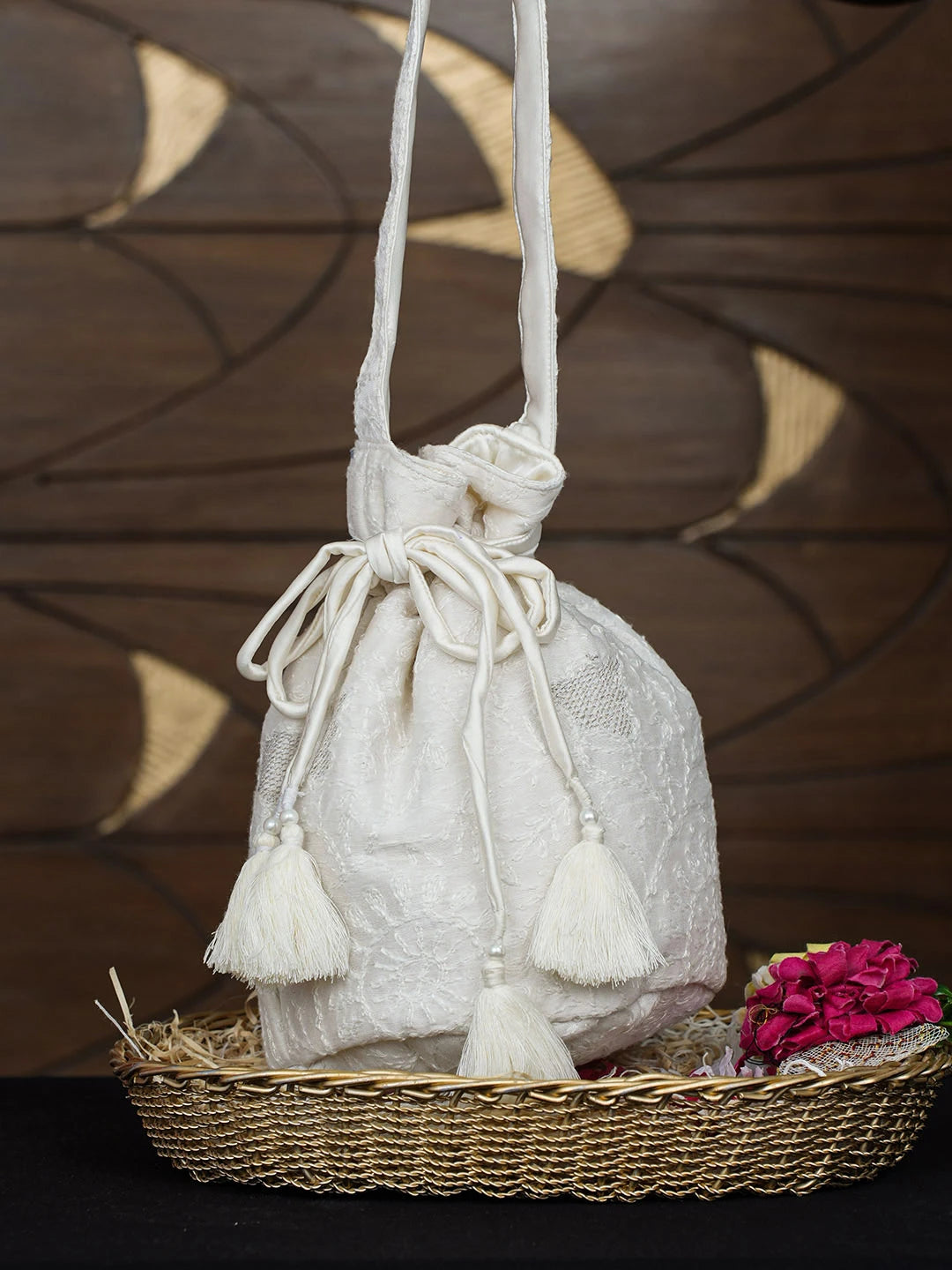 Ada Hand Embroidered White Ivory Chanderi Lucknowi Chikankari Potli Bag With Zari Work 01A975098