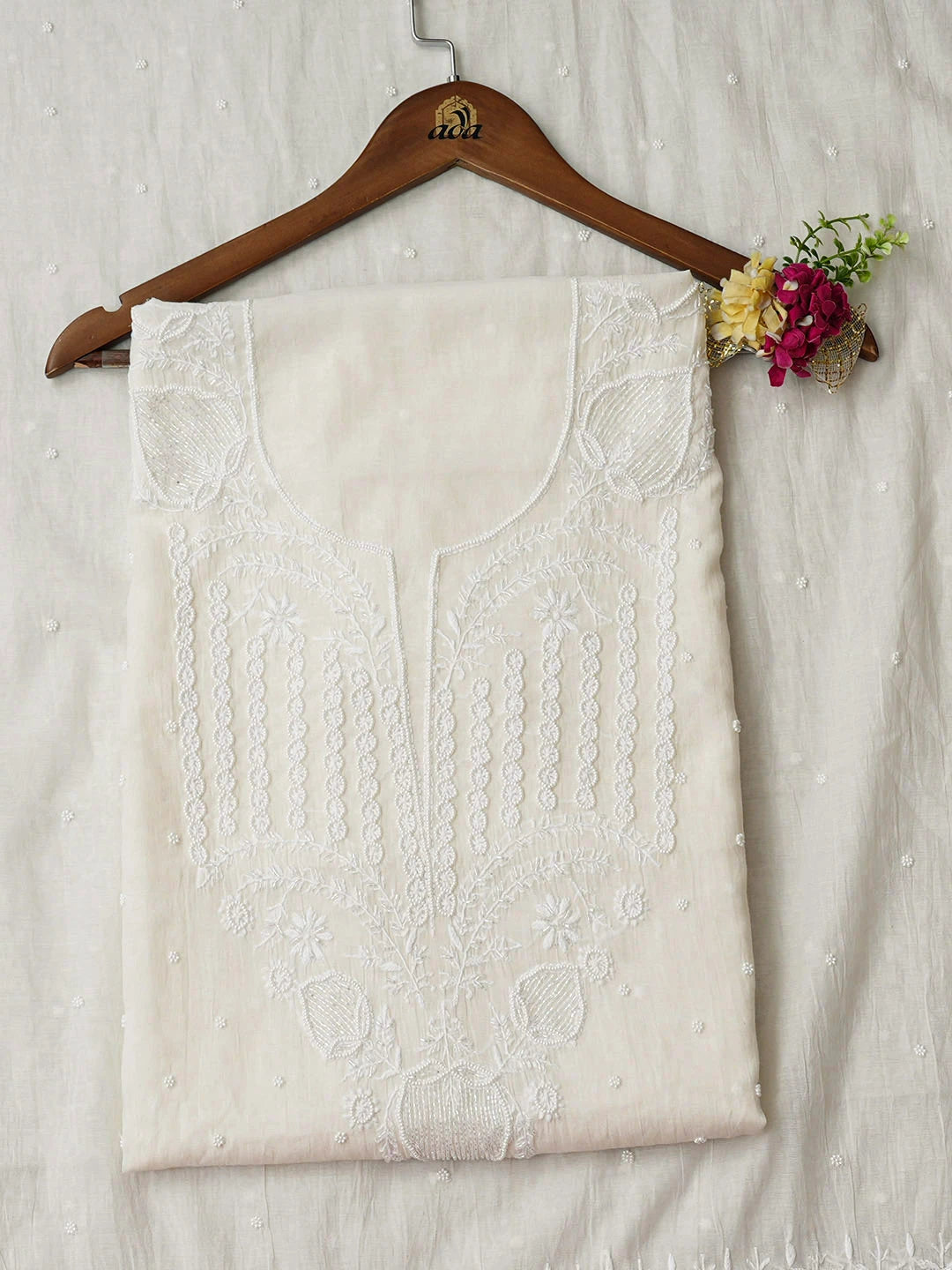 Ada Hand Embroidered White Chanderi Lucknowi Chikankari Unstitched Kurta Dupatta Set With Pearl Work 01A972765