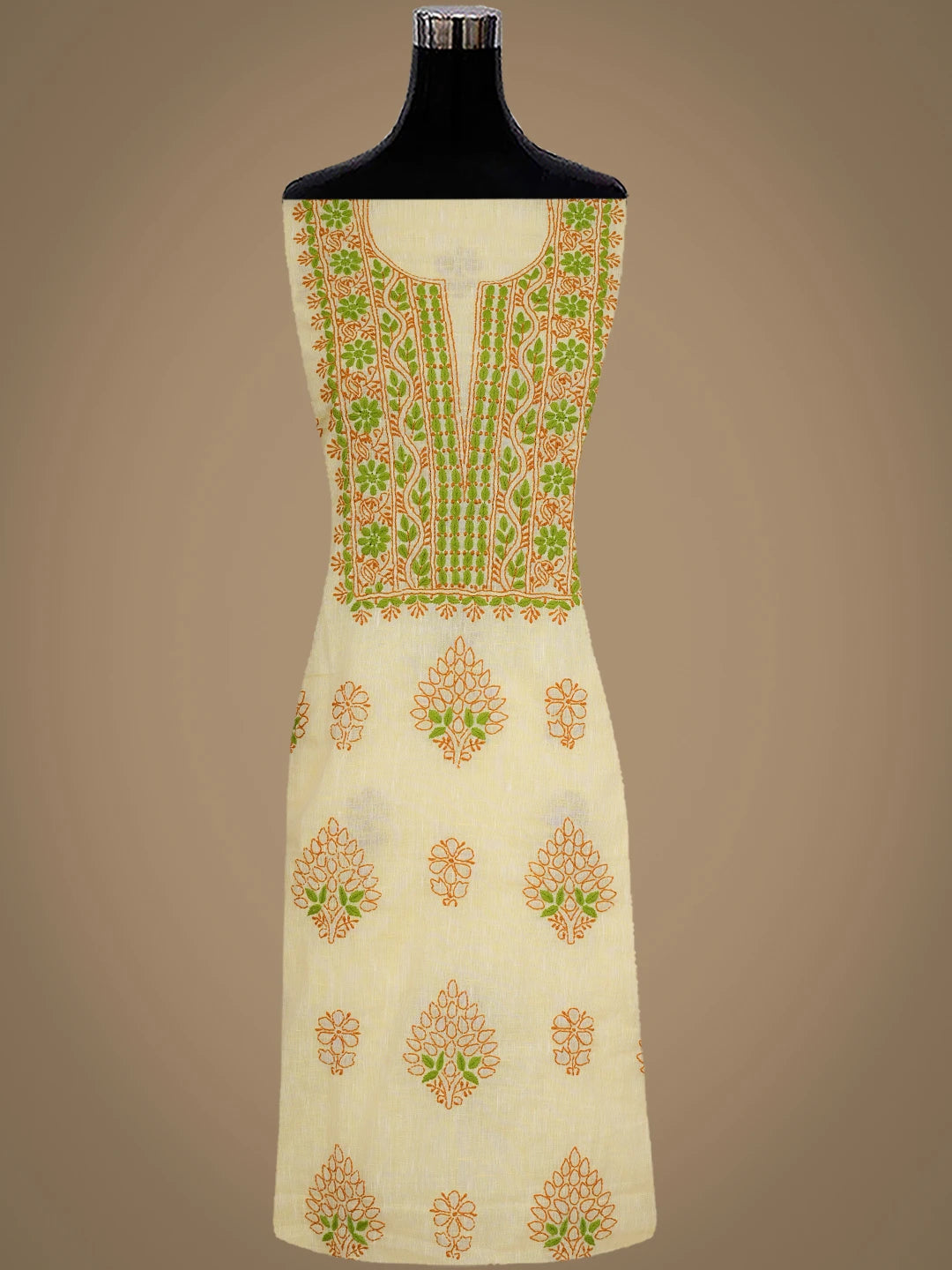Ada Hand Embroidered Yellow Linen Lucknowi Chikankari Unstitched Suit Piece with Chiffon Dupatta 01A973397