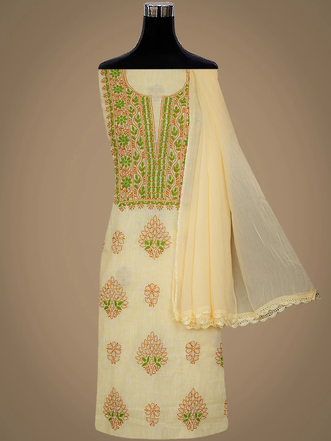 Ada Hand Embroidered Yellow Linen Lucknowi Chikankari Unstitched Suit Piece with Chiffon Dupatta 01A973397