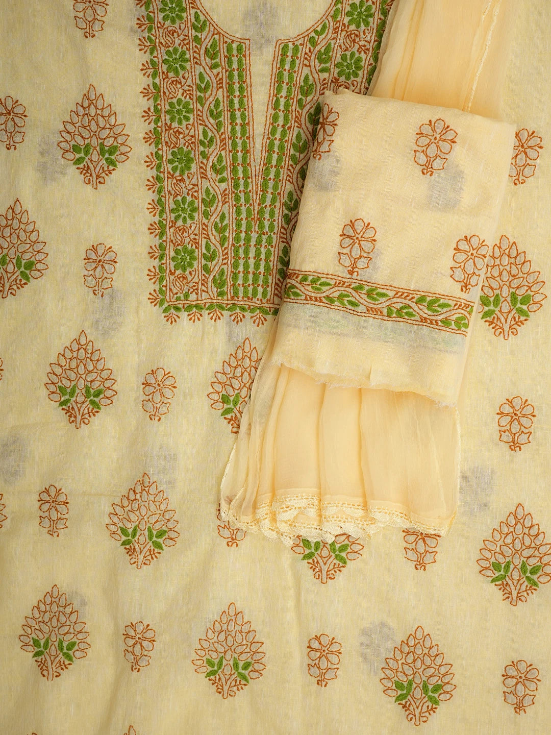 Ada Hand Embroidered Yellow Linen Lucknowi Chikankari Unstitched Suit Piece with Chiffon Dupatta 01A973397