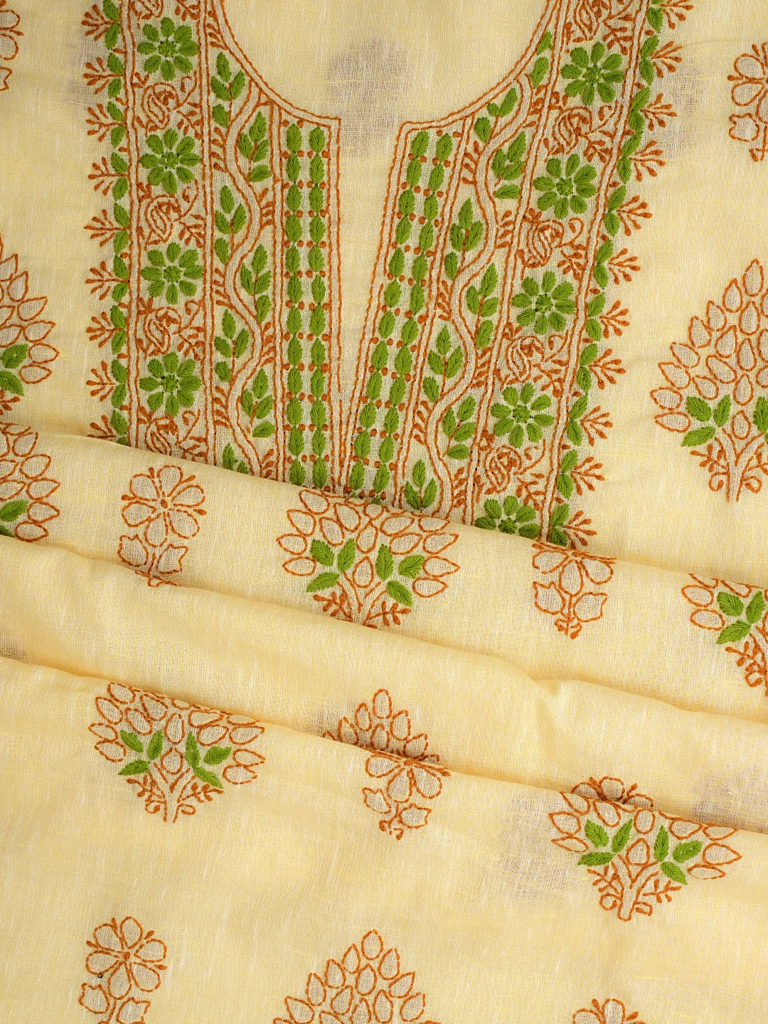 Ada Hand Embroidered Yellow Linen Lucknowi Chikankari Unstitched Suit Piece with Chiffon Dupatta 01A973397