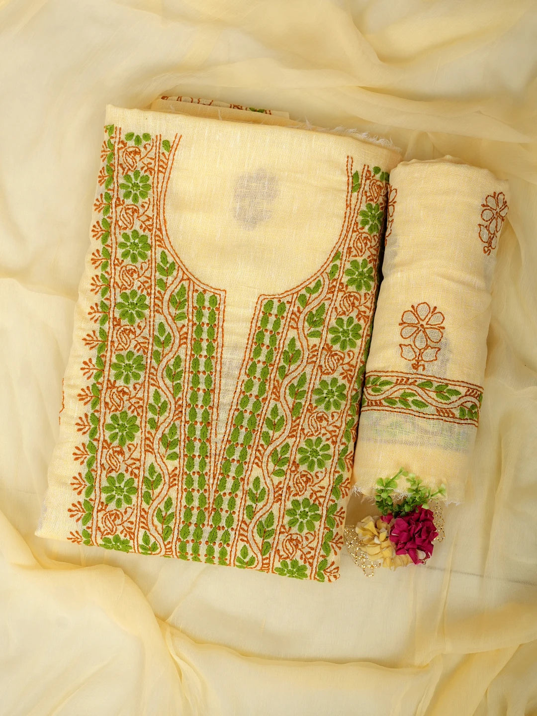 Ada Hand Embroidered Yellow Linen Lucknowi Chikankari Unstitched Suit Piece with Chiffon Dupatta 01A973397