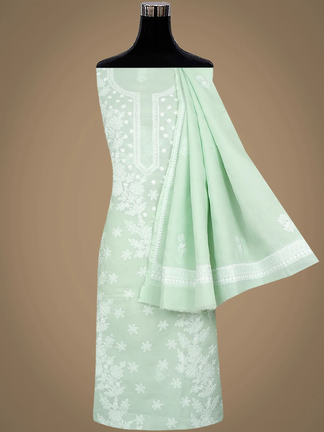 Ada Hand Embroidered Light Green Cotton Lucknowi Chikankari Unstitched Suit Piece with Cotton Dupatta 01A977444