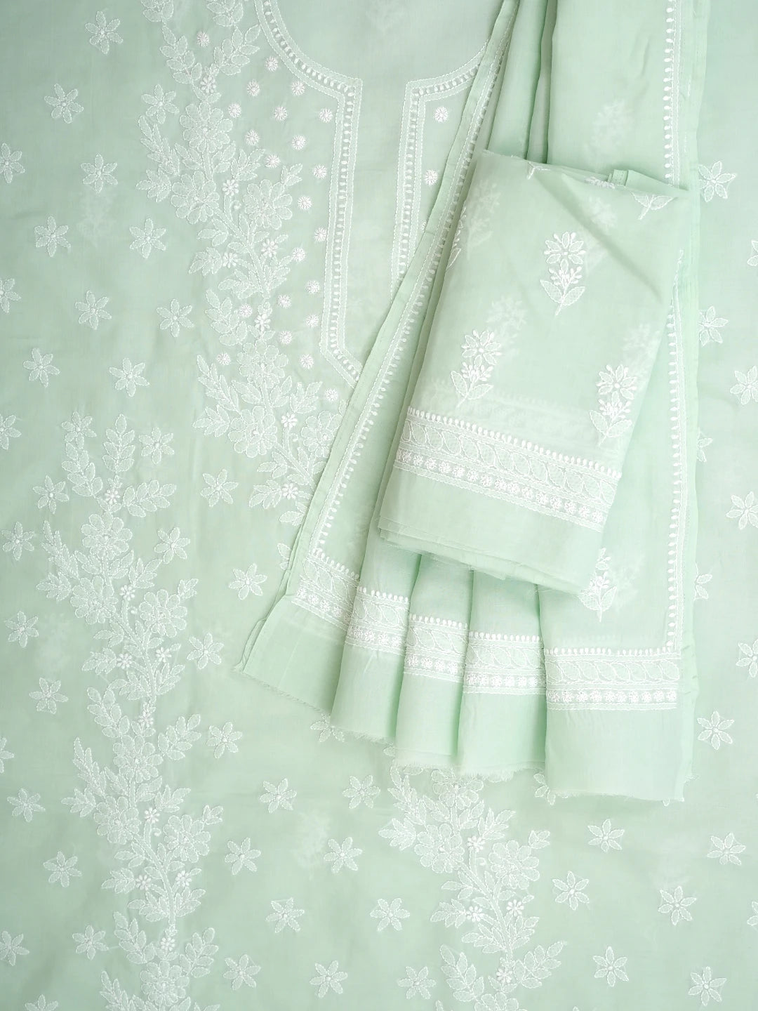 Ada Hand Embroidered Light Green Cotton Lucknowi Chikankari Unstitched Suit Piece with Cotton Dupatta 01A977444