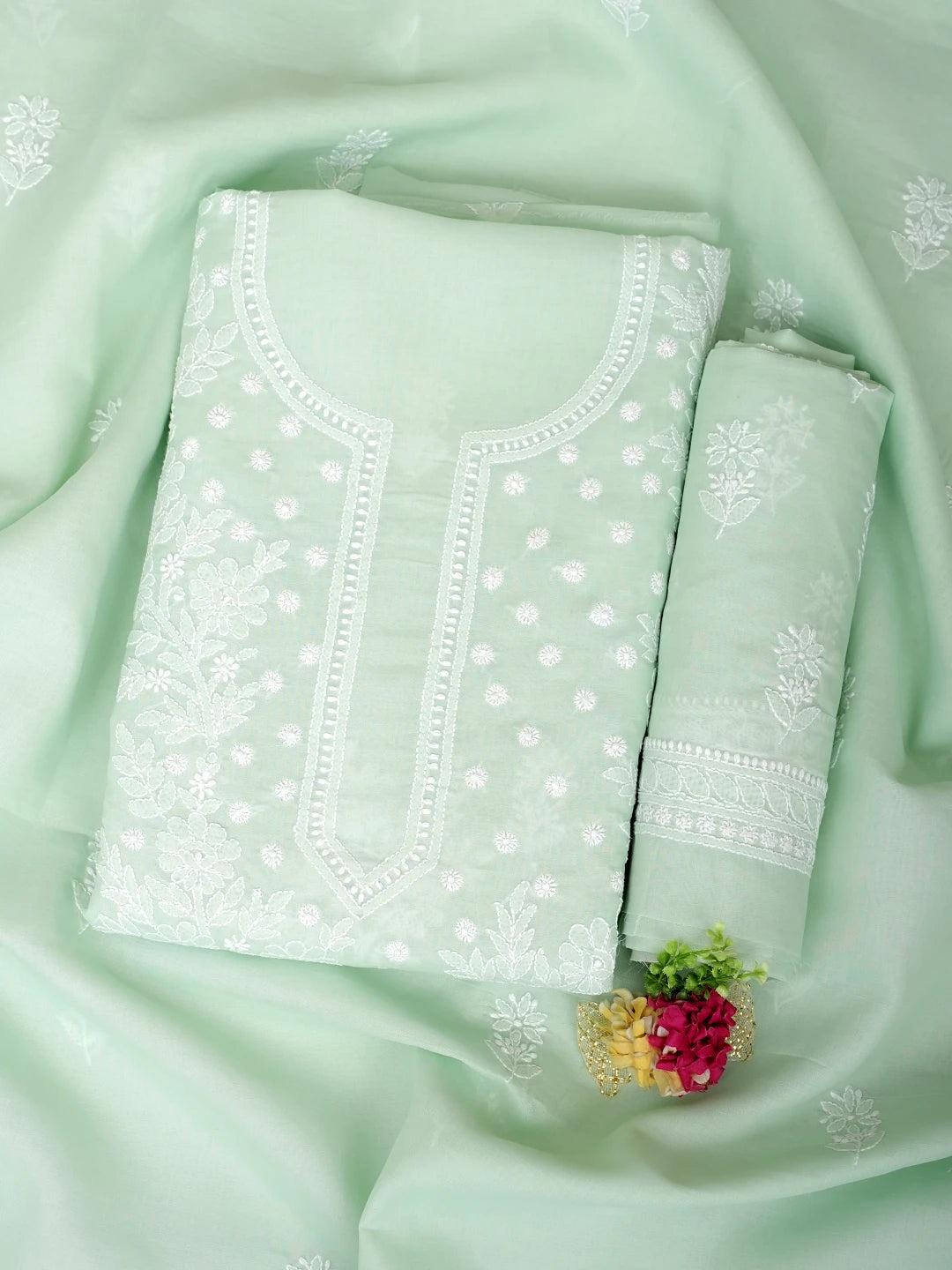 Ada Hand Embroidered Light Green Cotton Lucknowi Chikankari Unstitched Suit Piece with Cotton Dupatta 01A977444