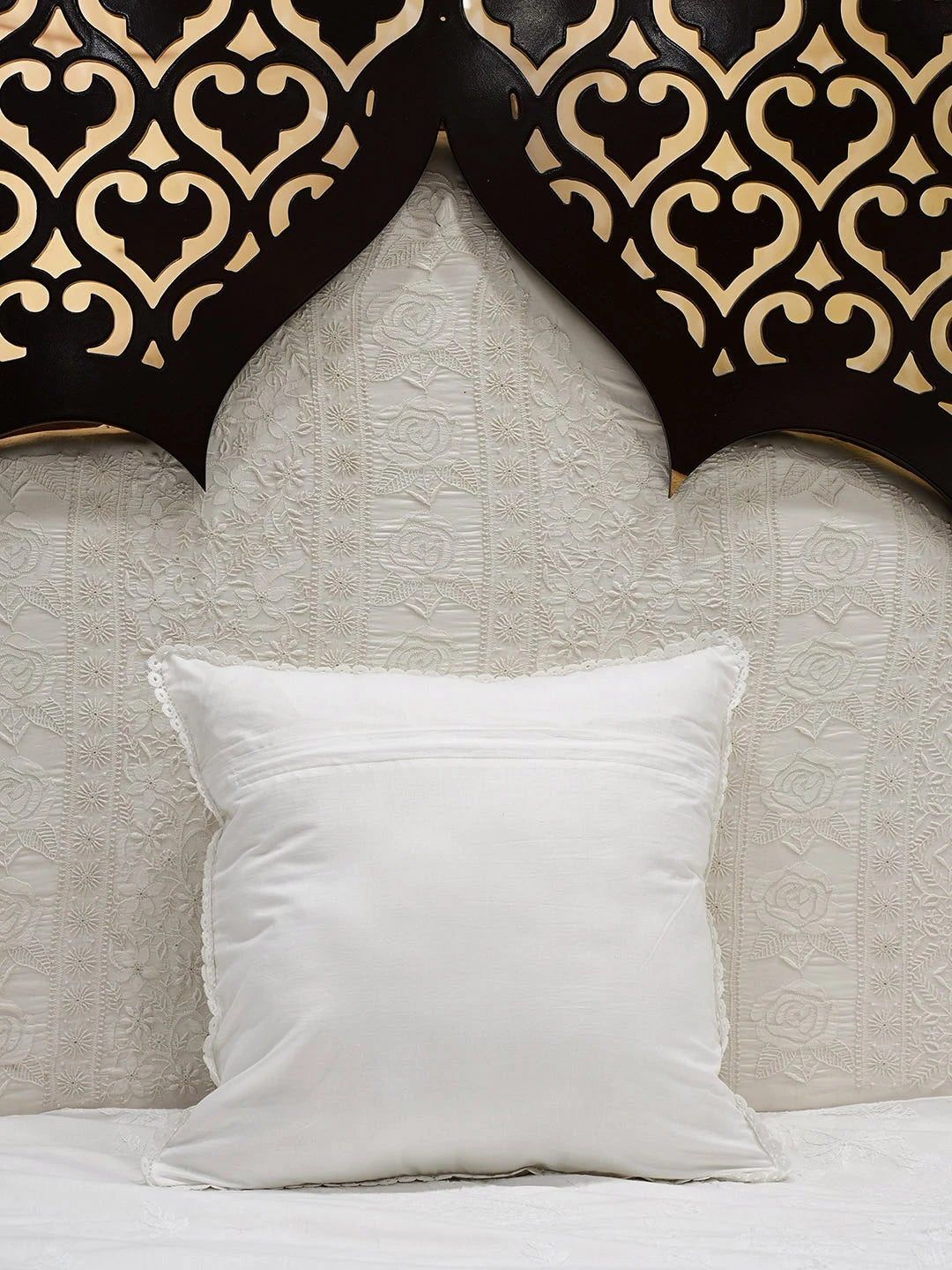 Ada Hand Embroidered White Organza Lucknowi Chikankari Cushion Cover with Muqaish/Mukaish Work 01A591484
