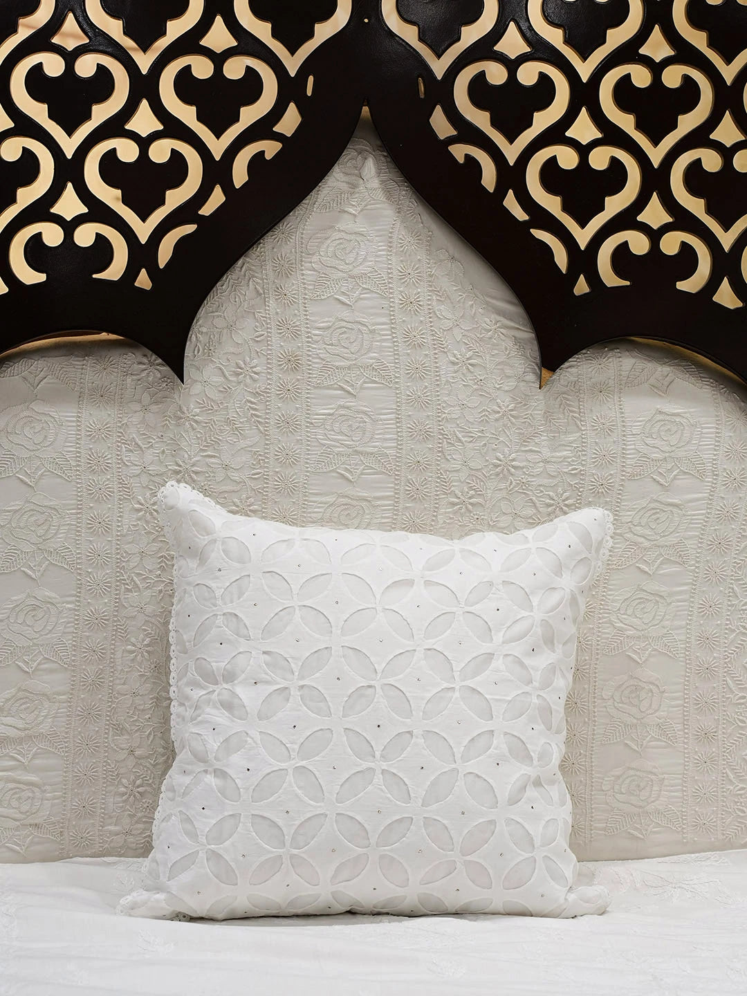 Ada Hand Embroidered White Organza Lucknowi Chikankari Cushion Cover with Muqaish/Mukaish Work 01A591484