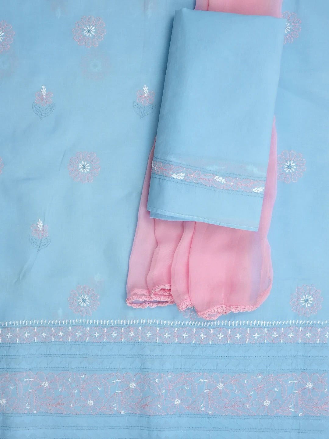 Ada Hand Embroidered Blue Cotton Lucknowi Chikankari Unstitched Suit Piece with Chiffon Dupatta 01A879649