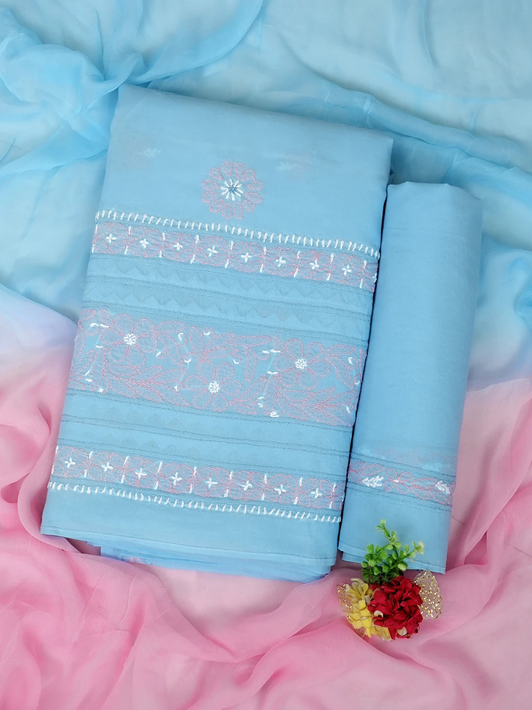 Ada Hand Embroidered Blue Cotton Lucknowi Chikankari Unstitched Suit Piece with Chiffon Dupatta 01A879649