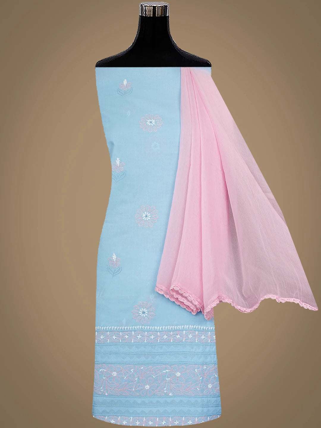 Ada Hand Embroidered Blue Cotton Lucknowi Chikankari Unstitched Suit Piece with Chiffon Dupatta 01A879649