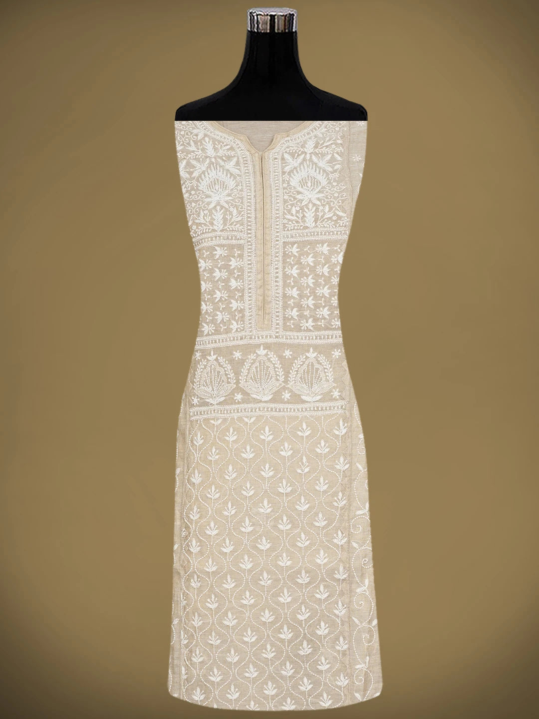Ada Hand Embroidered Fawn Tissue Lucknowi Chikankari Semi Stitched Kurta Dupatta Set With Pearl Work 01A976382