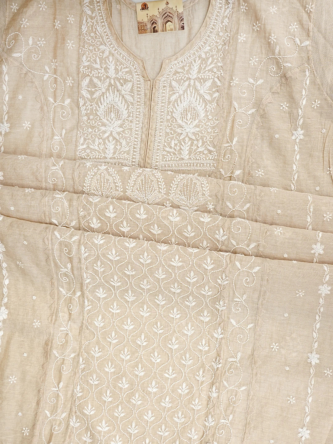 Ada Hand Embroidered Fawn Tissue Lucknowi Chikankari Semi Stitched Kurta Dupatta Set With Pearl Work 01A976382