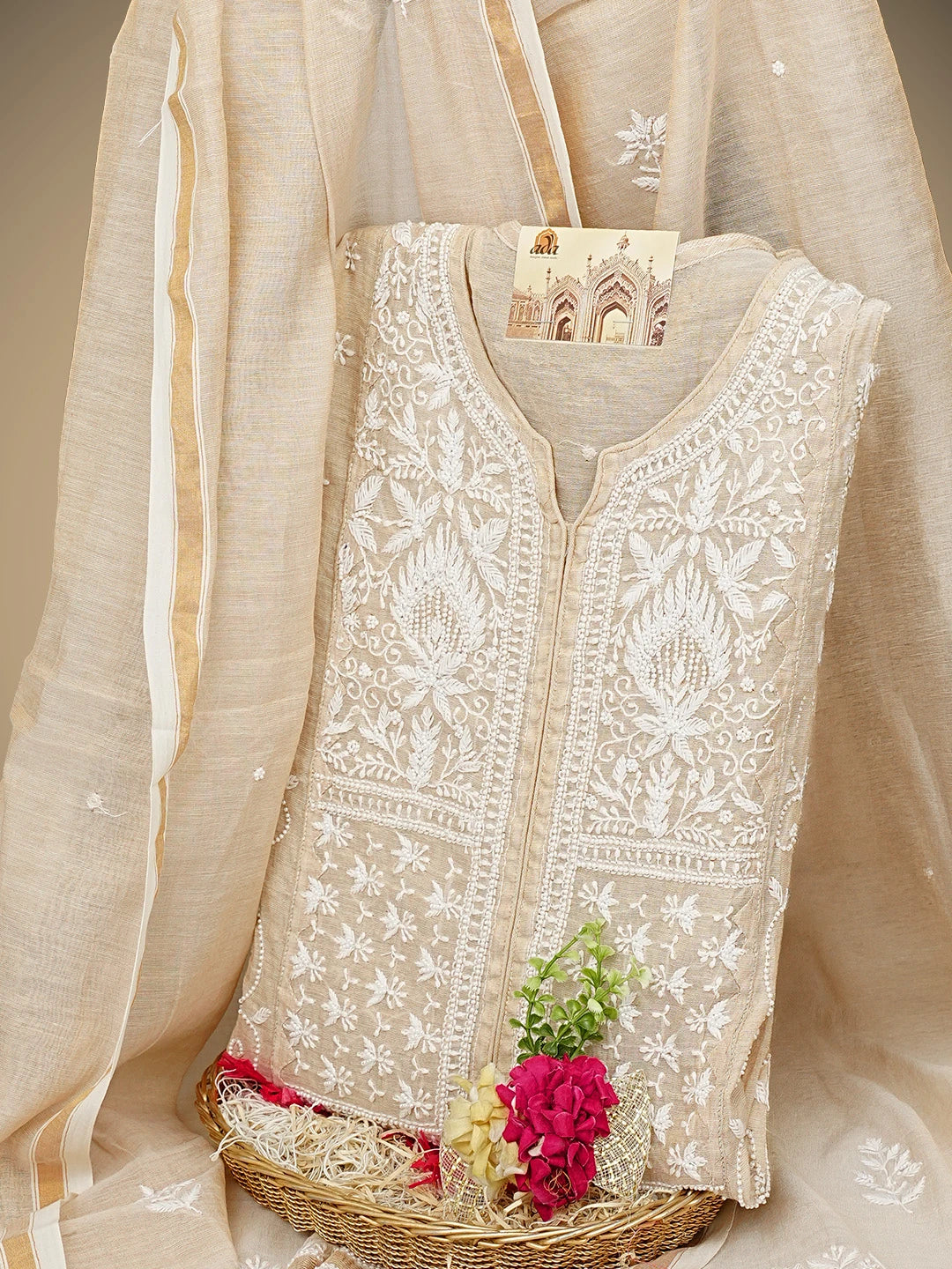 Ada Hand Embroidered Fawn Tissue Lucknowi Chikankari Semi Stitched Kurta Dupatta Set With Pearl Work 01A976382