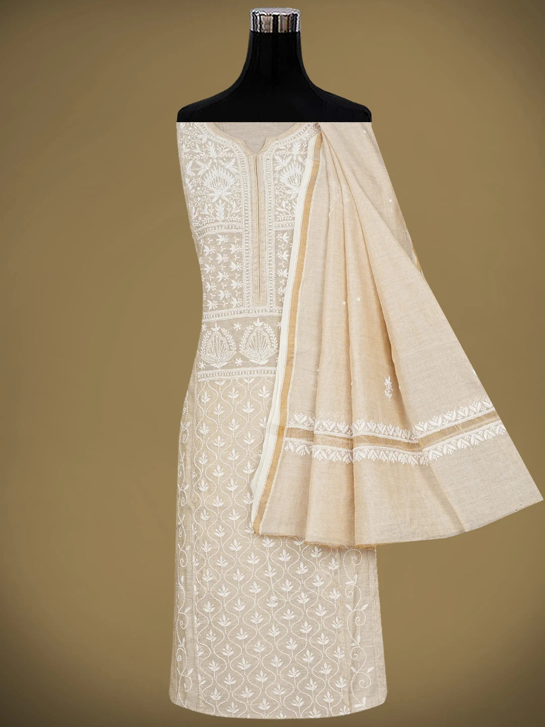 Ada Hand Embroidered Fawn Tissue Lucknowi Chikankari Semi Stitched Kurta Dupatta Set With Pearl Work 01A976382