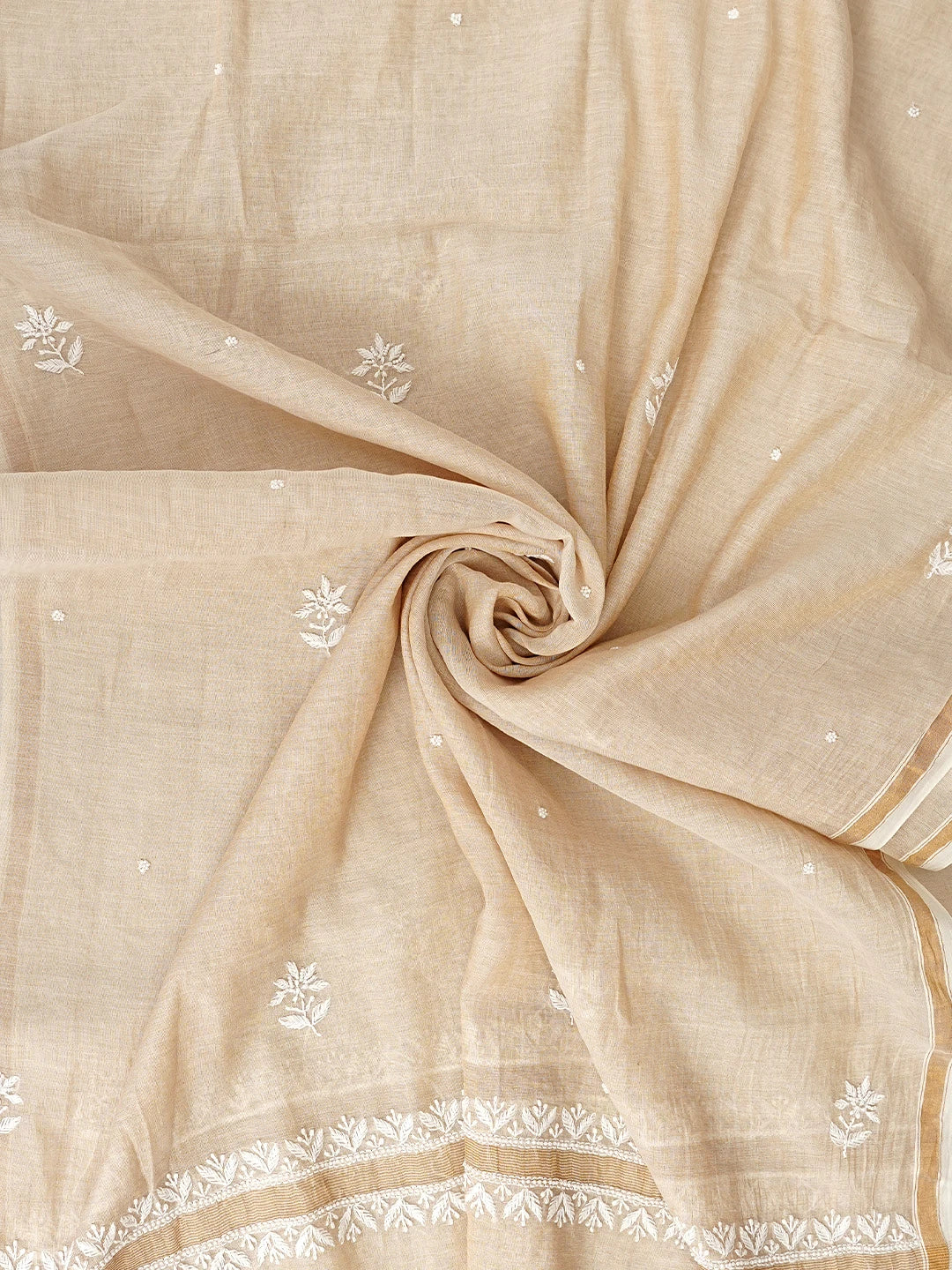 Ada Hand Embroidered Fawn Tissue Lucknowi Chikankari Semi Stitched Kurta Dupatta Set With Pearl Work 01A976382