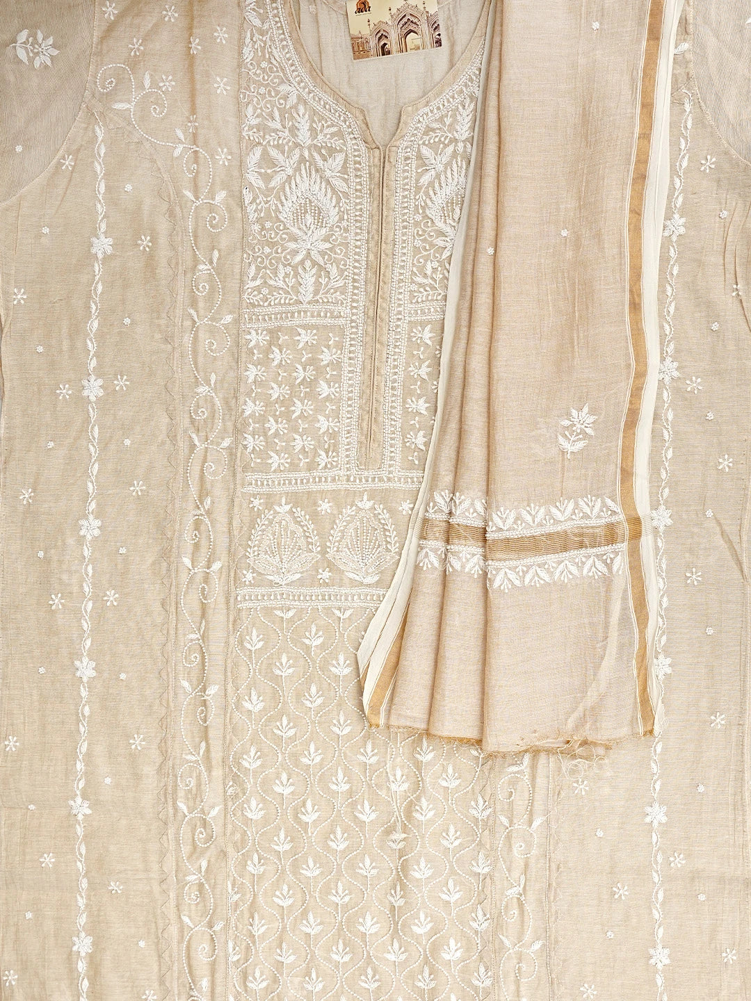 Ada Hand Embroidered Fawn Tissue Lucknowi Chikankari Semi Stitched Kurta Dupatta Set With Pearl Work 01A976382